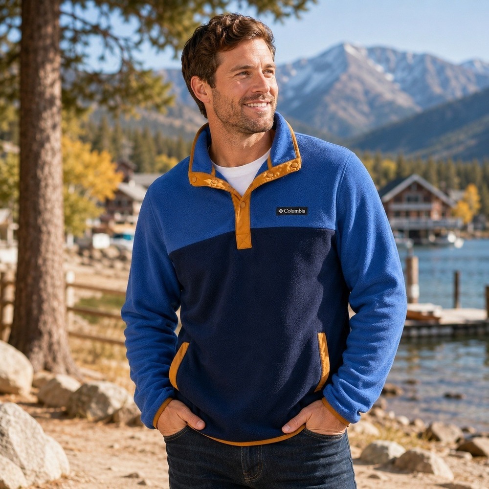 Columbia Mens Medium Blue Colorblock Snap Fleece Pullover Sweater Sweatshirt‎